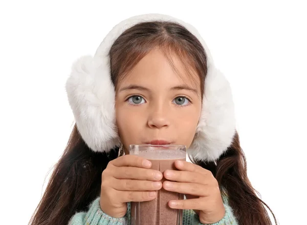 Little Girl Drinking Chocolate Milk White Background — Stock Photo, Image