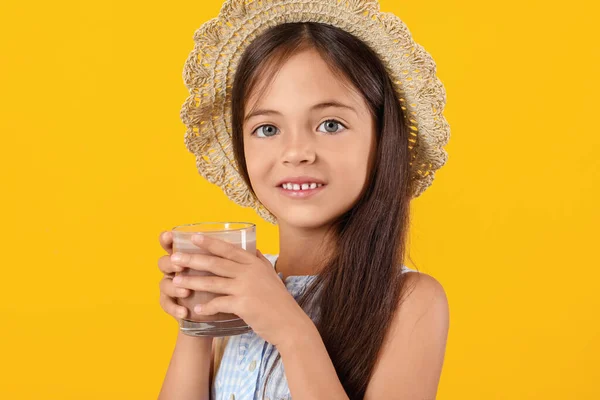 Little Girl Tasty Chocolate Milk Color Background — Stock Photo, Image