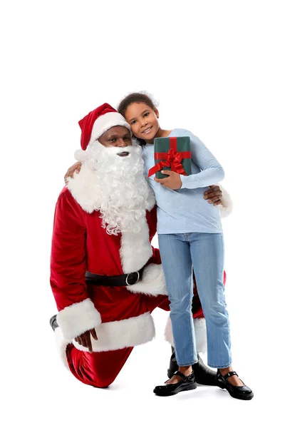 African American Santa Claus Cute Little Girl White Background — Stock Photo, Image