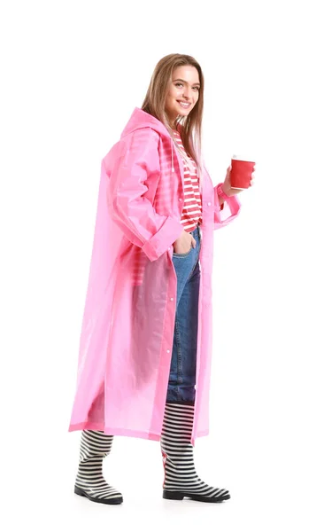 Beautiful Young Woman Raincoat Coffee White Background — Stock Photo, Image