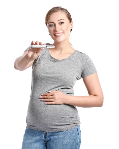 Mulher Diabética Grávida Com Caneta Insulina Sobre Fundo Branco — Fotografia de Stock