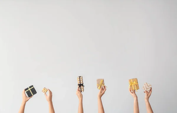 Hands Gift Boxes Light Background — Stock Photo, Image