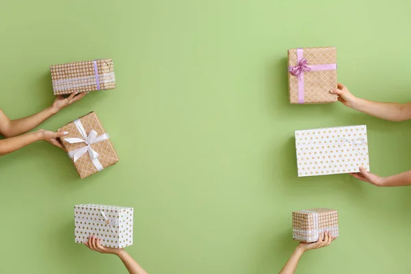 Hands Gift Boxes Color Background — Stock Photo, Image