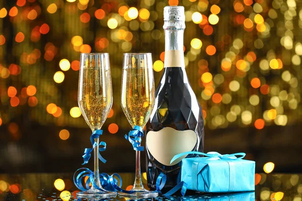 New Year Composition Champagne Blurred Lights — Stock Photo, Image