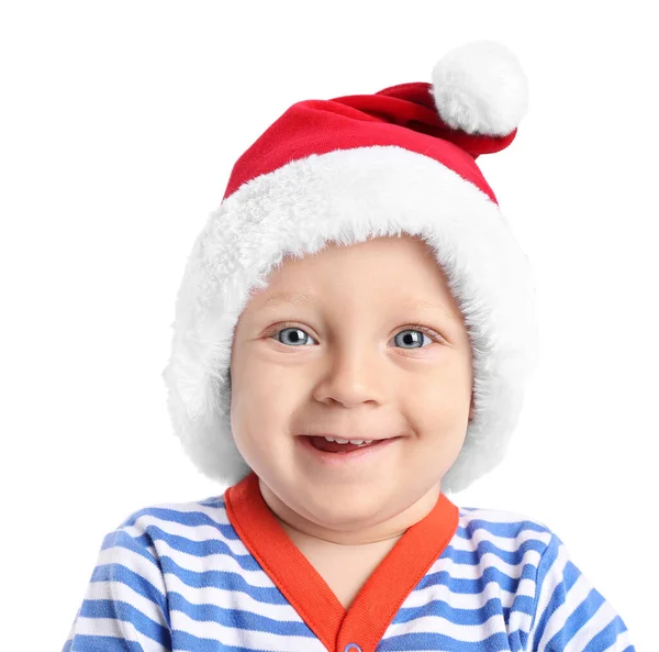 Söt Liten Bebis Santa Hatt Vit Bakgrund — Stockfoto