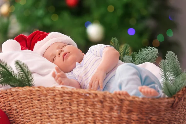 Cute Little Baby Sleeping Basket Home Christmas Eve — Stock Photo, Image