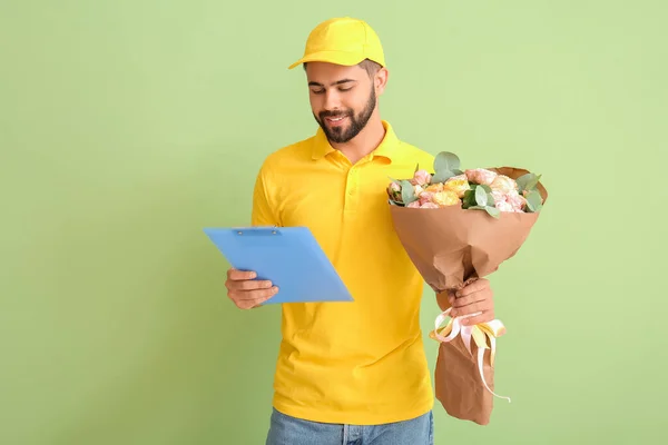 Delivery Man Bouquet Flowers Color Background — Stock Photo, Image