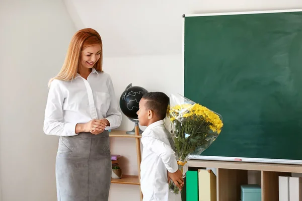African American Schoolboy Greeting His Teacher Classroom — Stock Photo, Image