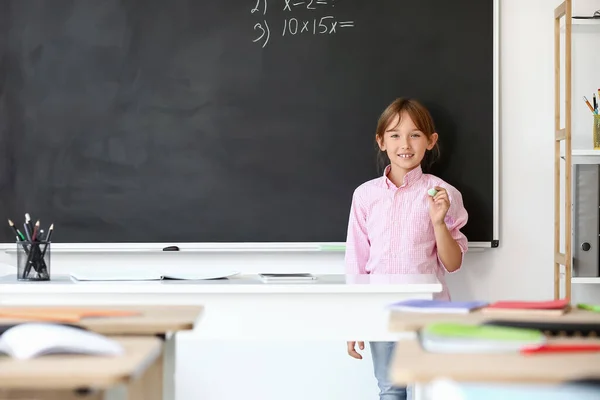 Cute Little Schoolgirl Blackboard Classroom — Stock Photo, Image