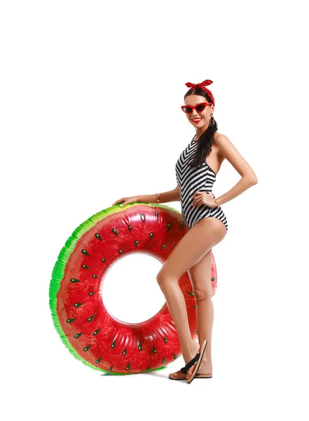 Beautiful Young Woman Swimming Suit Inflatable Ring White Background — Stock Photo, Image
