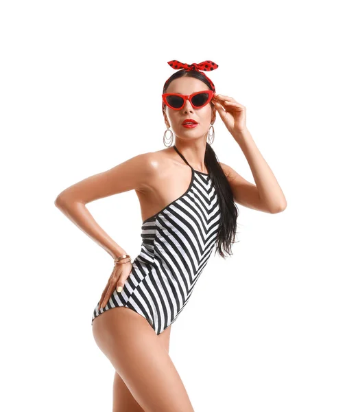 Beautiful Young Woman Swimming Suit White Background — Stock Photo, Image