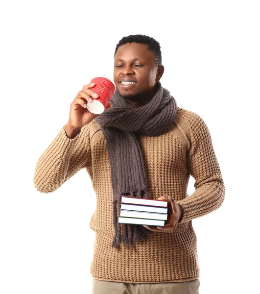 Homem Afro Americano Com Livros Café Sobre Fundo Branco — Fotografia de Stock