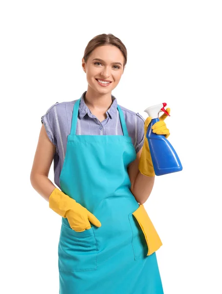 Mujer Joven Con Detergente Sobre Fondo Blanco — Foto de Stock