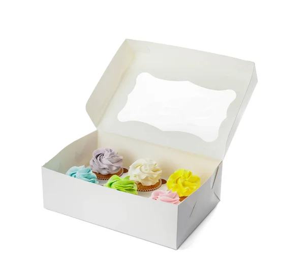 Box Tasty Cupcakes White Background — Stock Photo, Image