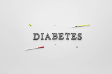 Şırıngalı haplar ve beyaz arka planda DIABETES kelimesi