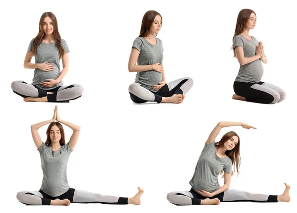 Collage Met Jonge Zwangere Vrouw Beoefenen Van Yoga Witte Achtergrond — Stockfoto