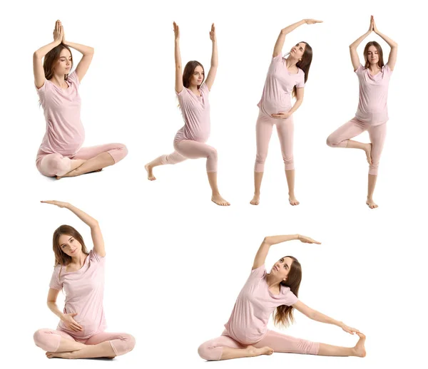 Colaj Tânără Gravidă Care Practică Yoga Fundal Alb — Fotografie, imagine de stoc