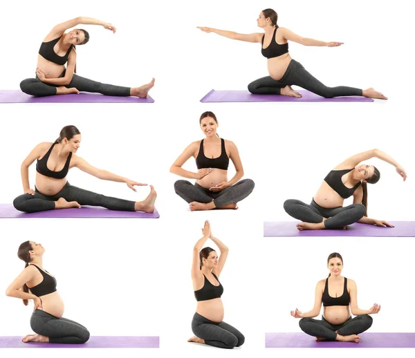 Collage Met Jonge Zwangere Vrouw Beoefenen Van Yoga Witte Achtergrond — Stockfoto