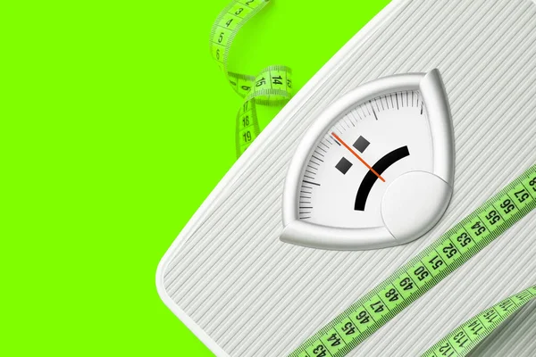 Scales Sad Emoticon Screen Measuring Tape Color Background Weight Loss — Stock Photo, Image