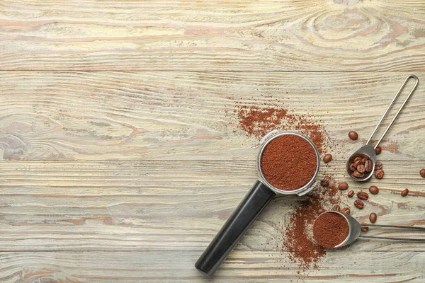 Portafilter Coffee Powder Beans Wooden Background — Stock Photo, Image