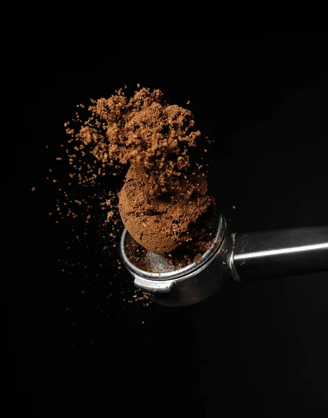 Portafilter Coffee Powder Dark Background — Stock Photo, Image