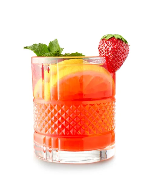 Glass Tasty Strawberry Cocktail Mojito White Background — Stock Photo, Image