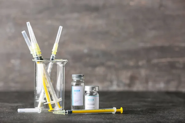 Bottles Insulin Syringes Dark Background Diabetes Concept — Stock Photo, Image