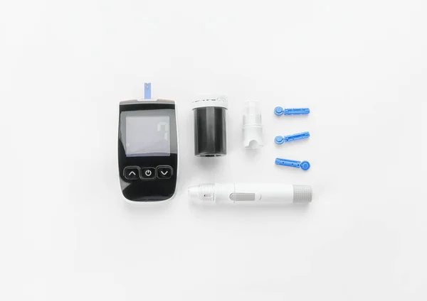 Glucometer Lancet Pen White Background Diabetes Concept — Stock Photo, Image