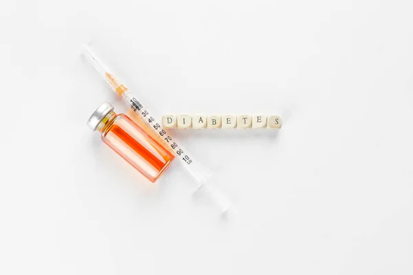 Bottle Insulin Syringe Word Diabetes White Background — Stock Photo, Image