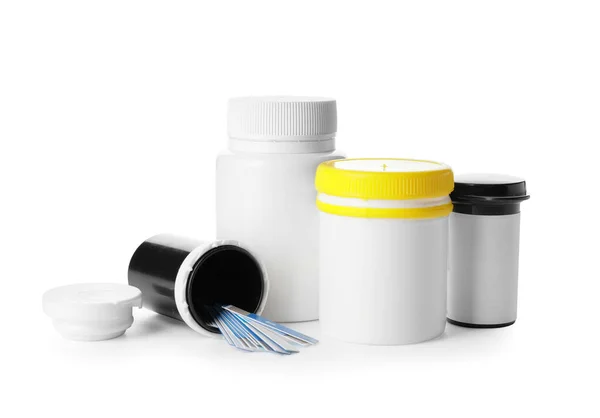 Teststrips Voor Glucometer Pillen Witte Achtergrond Diabetes Concept — Stockfoto