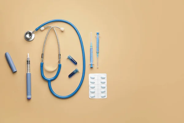 Stethoscope Pills Syringes Color Background Diabetes Concept — Stock Photo, Image