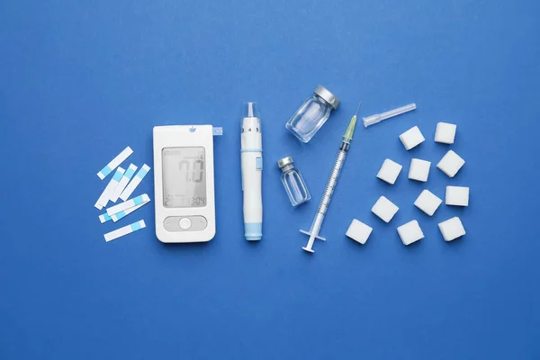 Glucometer Sugar Cubes Bottles Insulin Test Strips Lancet Pen Syringe — Stock Photo, Image