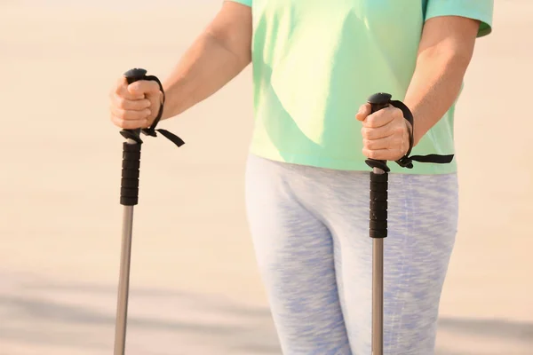 Mature Woman Walking Poles Outdoors — Stock Photo, Image