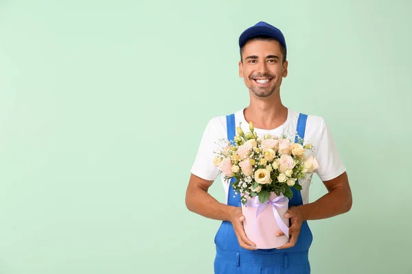 Delivery Man Bouquet Flowers Color Background — Stock Photo, Image