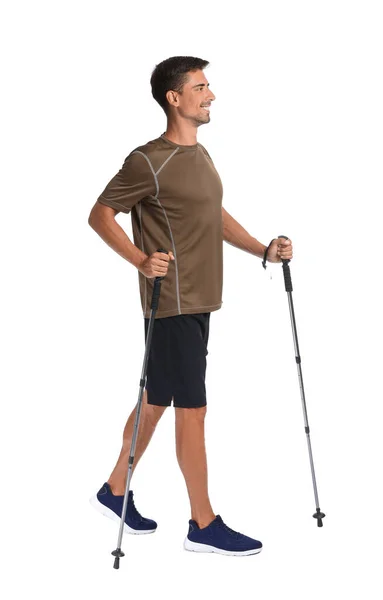 Young Man Walking Poles White Background — Stock Photo, Image