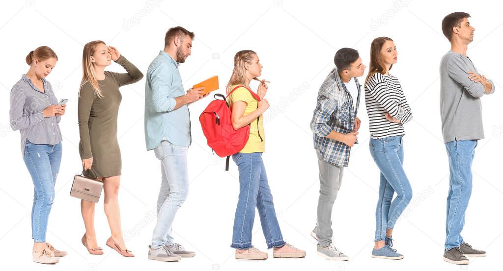 Different people waiting in line on white background
