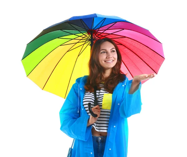 Hermosa Joven Impermeable Con Paraguas Sobre Fondo Blanco — Foto de Stock