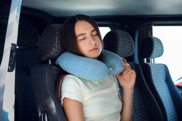 Beautiful Young Woman Travel Pillow Sitting Car — Stock Photo, Image