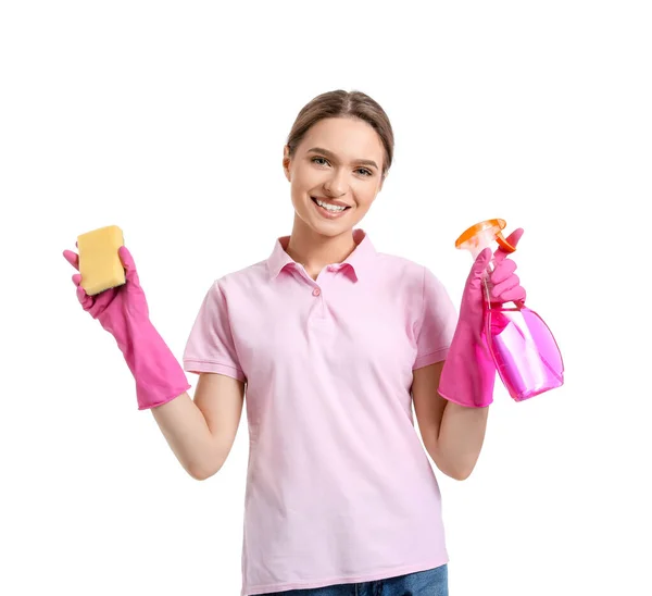 Jonge Vrouw Met Schoonmaak Benodigdheden Witte Achtergrond Stockfoto