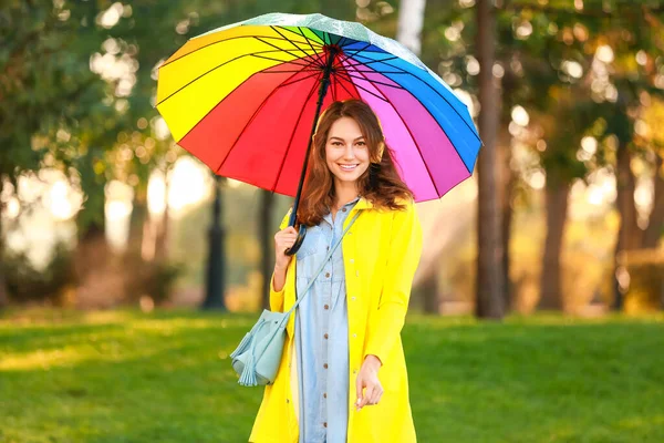 Beautiful Young Woman Umbrella Wearing Raincoat Park — Stock Photo, Image