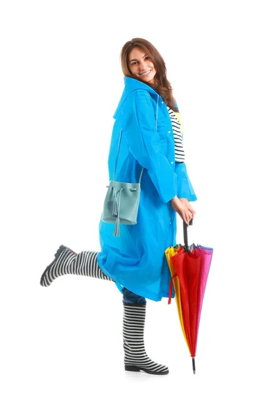 Vacker Ung Kvinna Regnrock Och Med Paraply Vit Bakgrund — Stockfoto