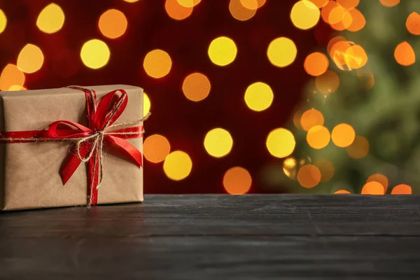 Gift Box Table Blurred Christmas Lights — Stock Photo, Image