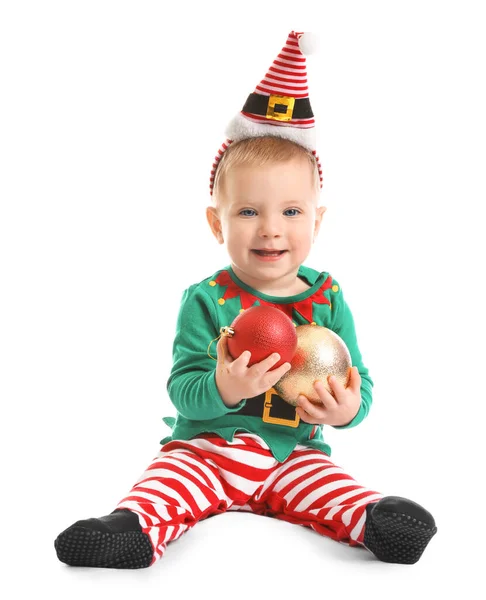 Bonito Pouco Bebê Natal Elfo Traje Branco Fundo — Fotografia de Stock