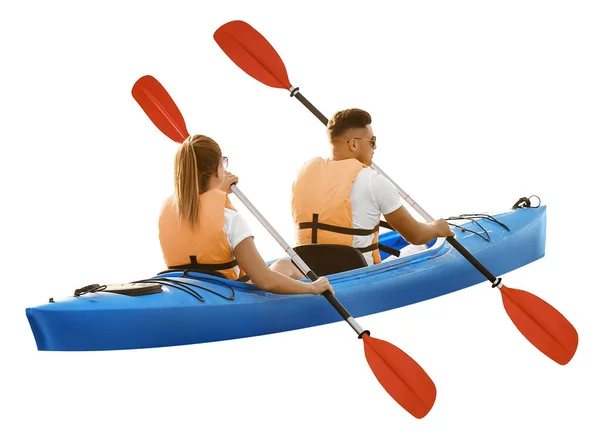 Kayaking Young Couple Isolated White — Stock Photo, Image