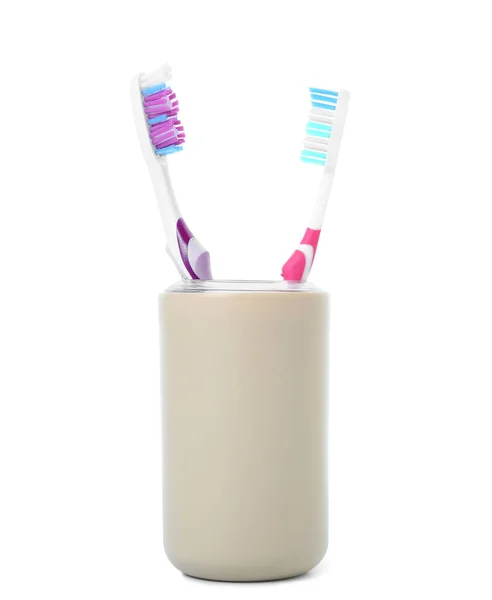 Cup Tooth Brushes White Background — Stock Photo, Image