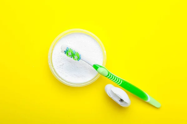 Tooth Brush Powder Floss Color Background — Stock Photo, Image