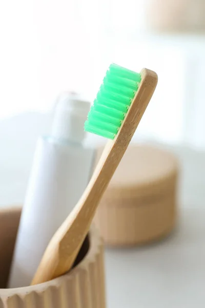 Cup Tooth Brush Paste Bathroom Closeup — Stock Photo, Image