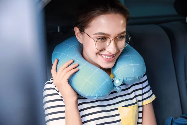 Beautiful Young Woman Travel Pillow Sitting Car — Stock Photo, Image