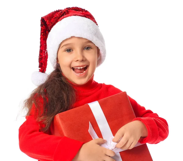 Petite Fille Mignonne Dans Chapeau Père Noël Avec Cadeau Sur — Photo