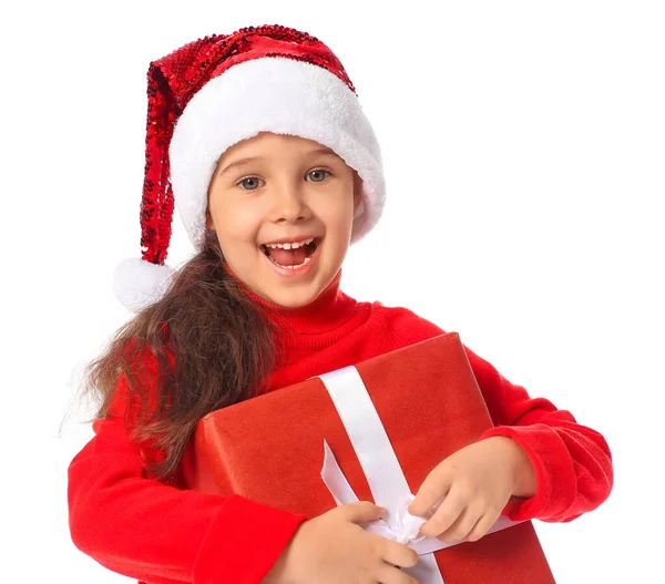 Menina Bonito Chapéu Santa Com Presente Fundo Branco — Fotografia de Stock